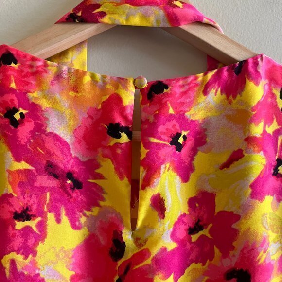 LOFT SILKY SZ 6 BRIGHT PINK YELLOW FLORAL SHEATH DRESS SUNDRESS~WAIST TIE~LINED - Picture 7 of 9